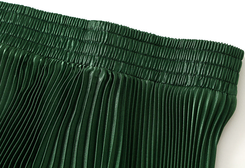 Green Pleated Tulle Hem Velvet Skirt