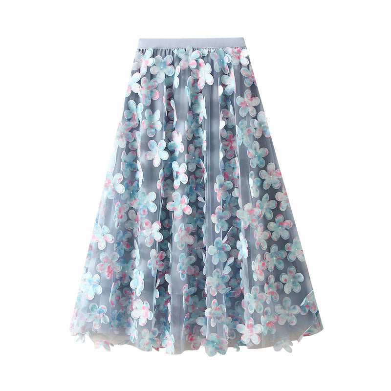 3D Floral Appliqué Mesh Skirt in Cloudlight Blue