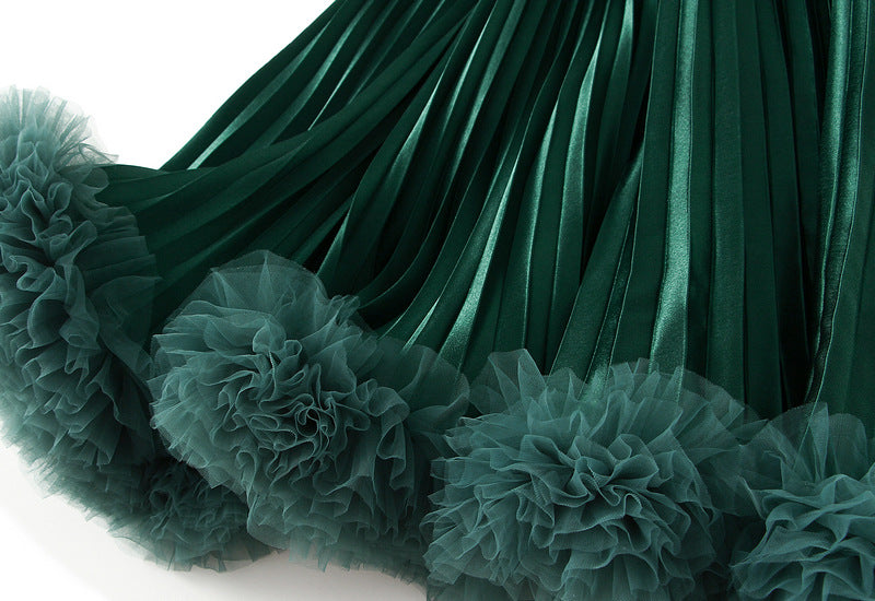 Emerald Green Pleated Tulle Hem Velvet Skirt