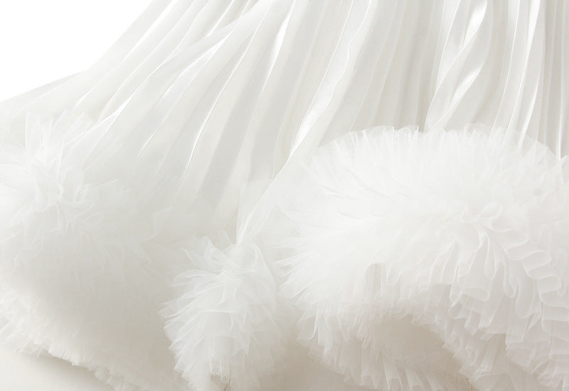 White Pleated Tulle Hem Velvet Skirt