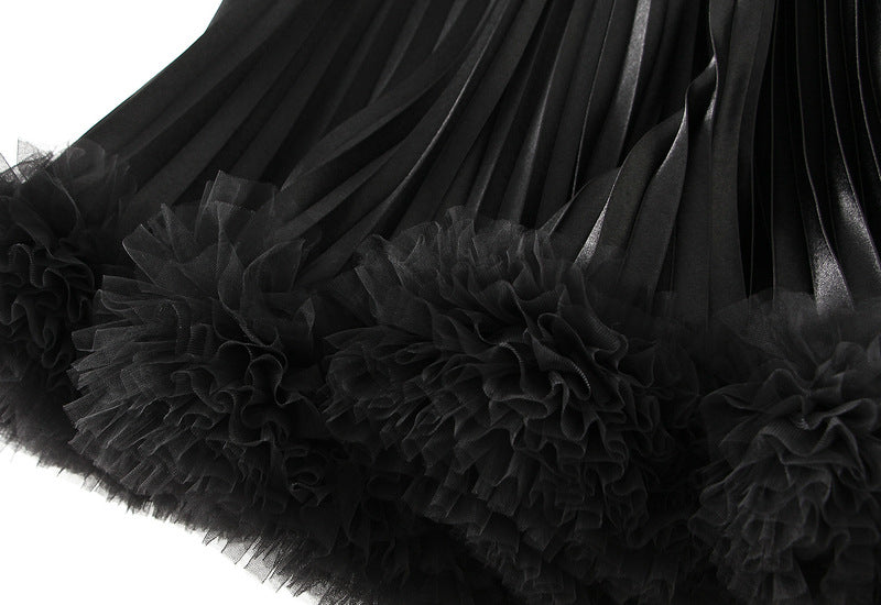 Black Pleated Tulle Hem Velvet Skirt