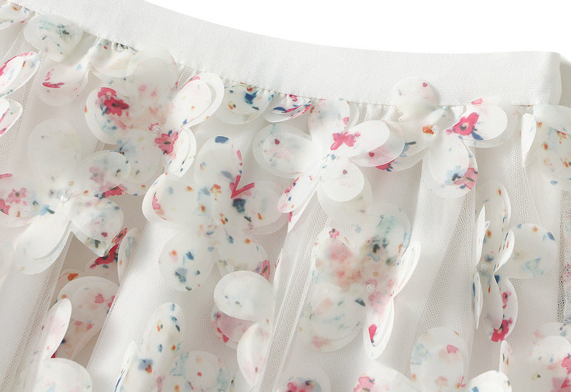 3D Floral Appliqué Mesh Skirt in Morning Haze