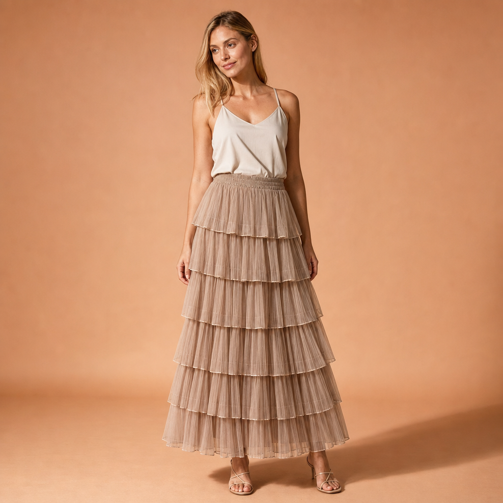 Florentine Pleated Tulle Skirt - KHAKI