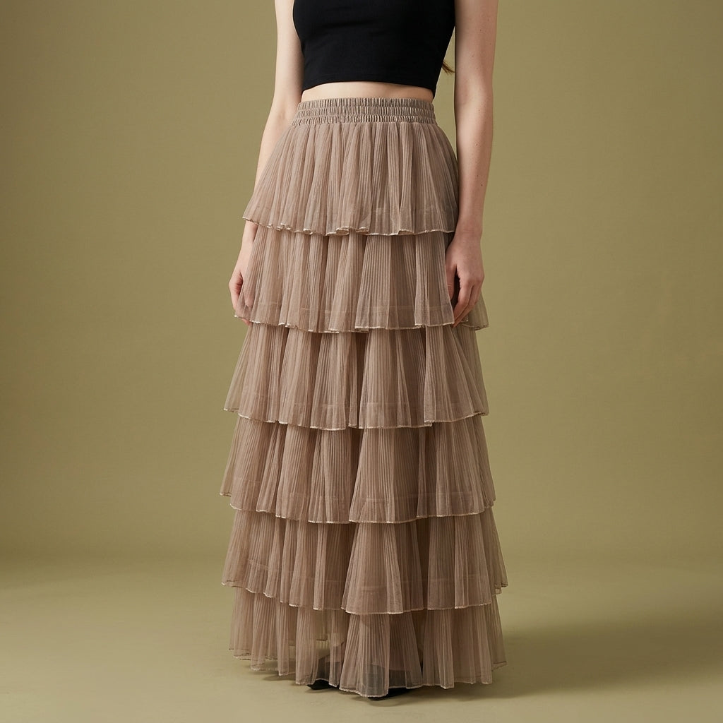 Florentine Pleated Tulle Skirt - KHAKI