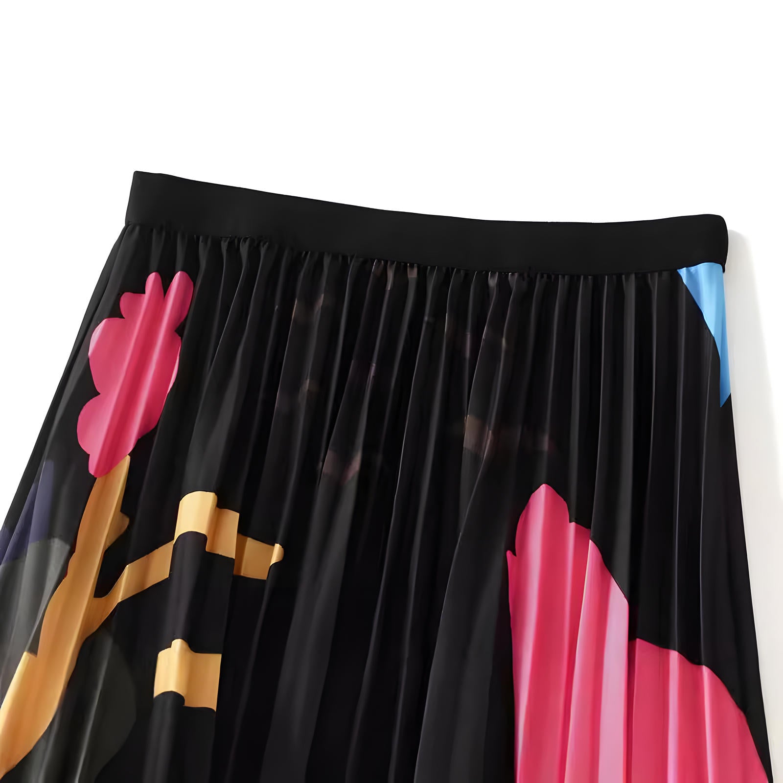 Floral Contrast Printed Pleated A Line Black Skirt - 2125_CLR