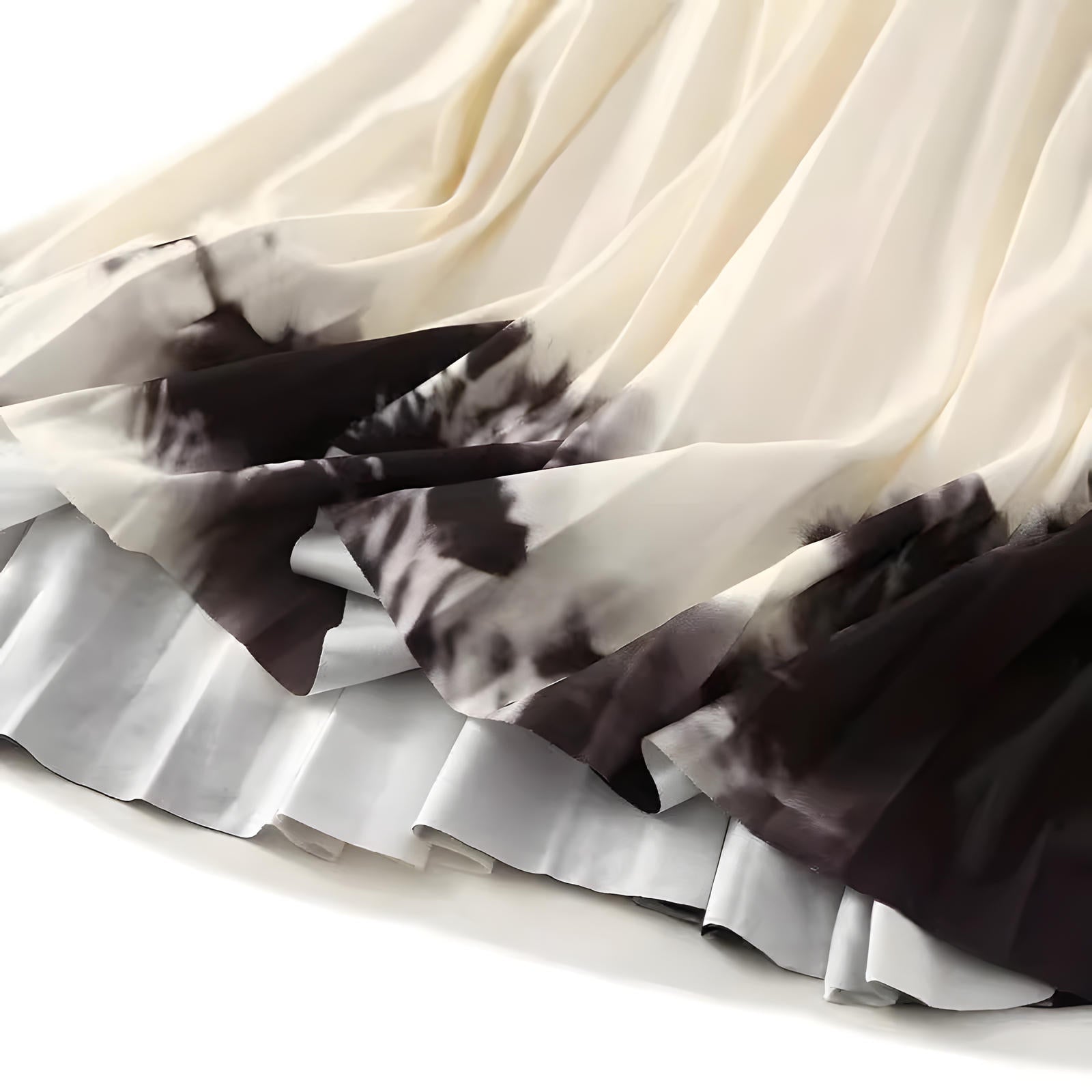 Contrast Color Gradient A Line Pleated White And Khaki Skirt - 2125_GRD_KHA