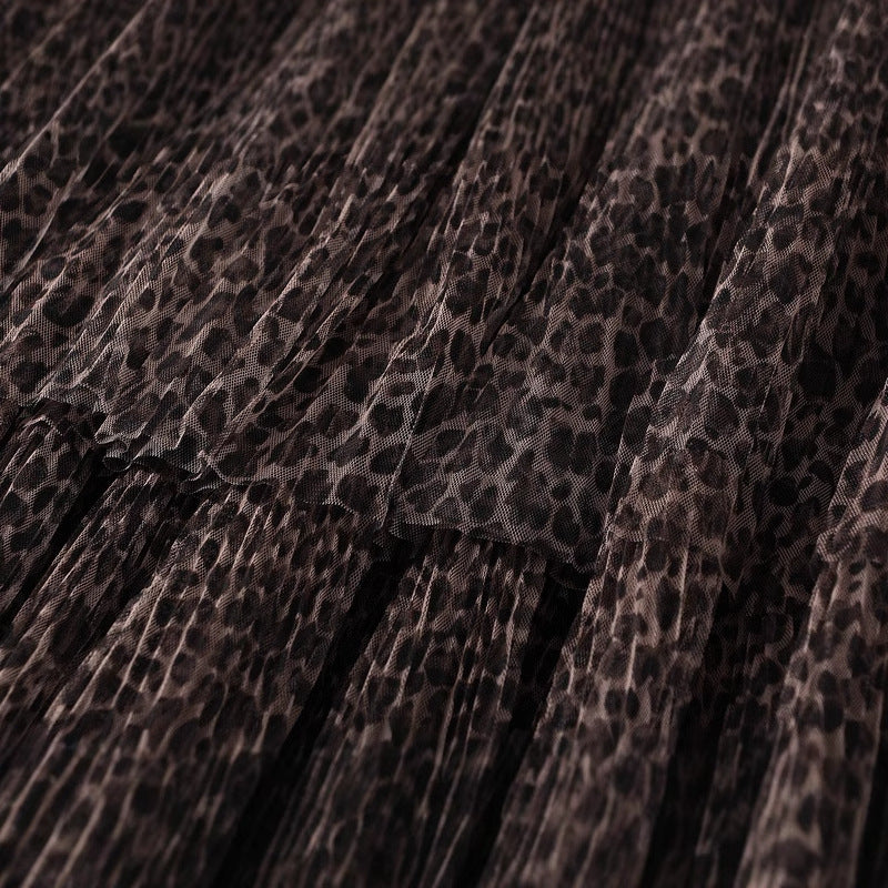 Leopard Print Multitier Mesh A-Line Brown Skirt - 5029_BROWN