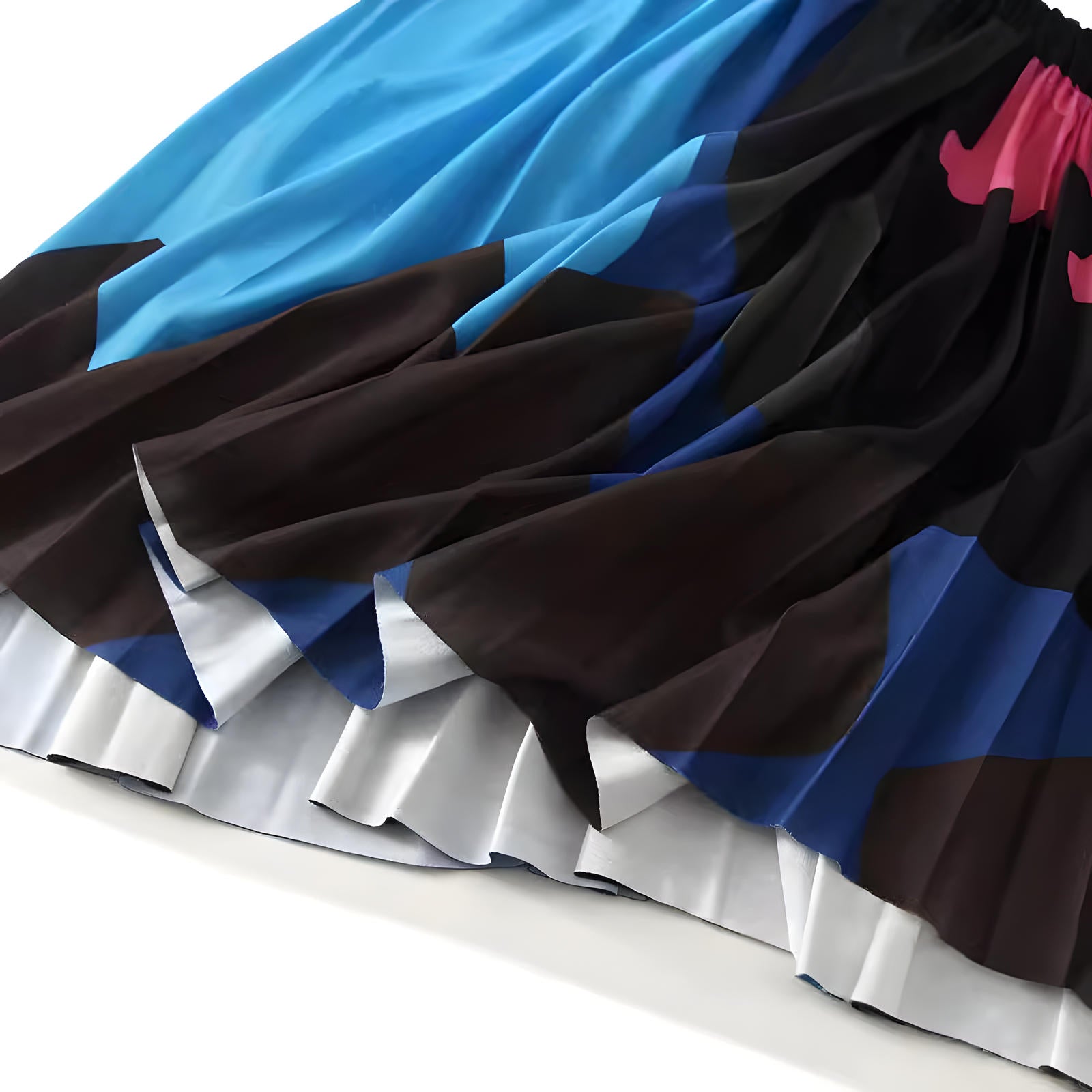 Floral Contrast Printed Pleated A Line Black Skirt - 2125_CLR