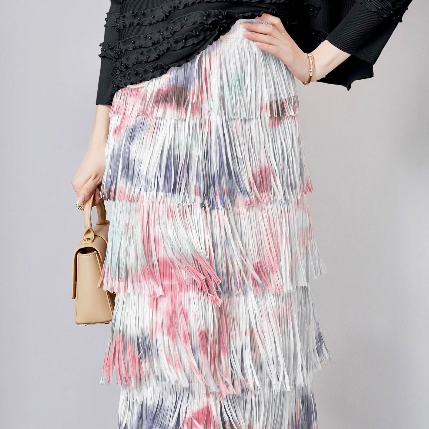 Blush Cascade Fringe Skirt With Tie And Dye Printing - 792614816517_PIN