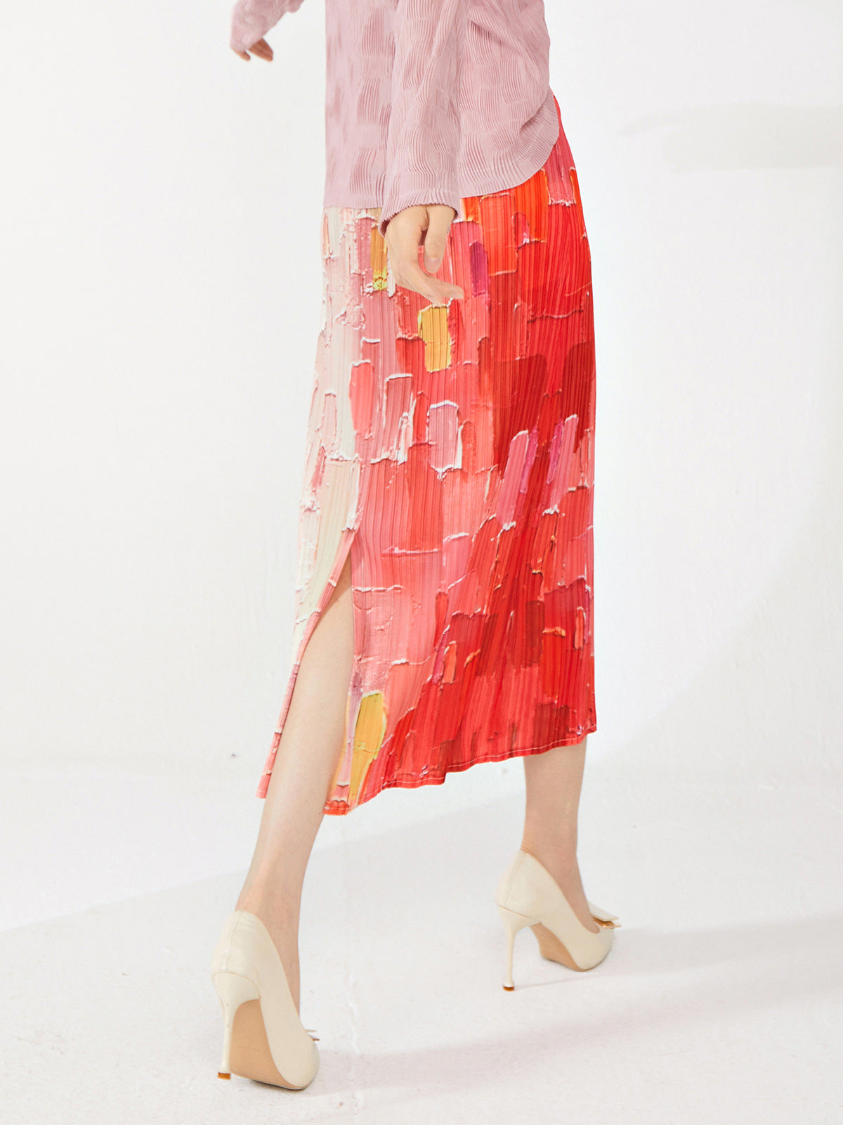 Miyaki Fold Self-Texture Back Slit Gradient Skirt - 0835_RED