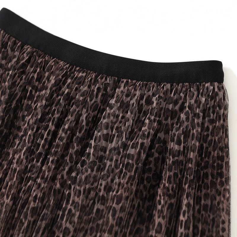 Leopard Print Multitier Mesh A-Line Brown Skirt - 5029_BROWN