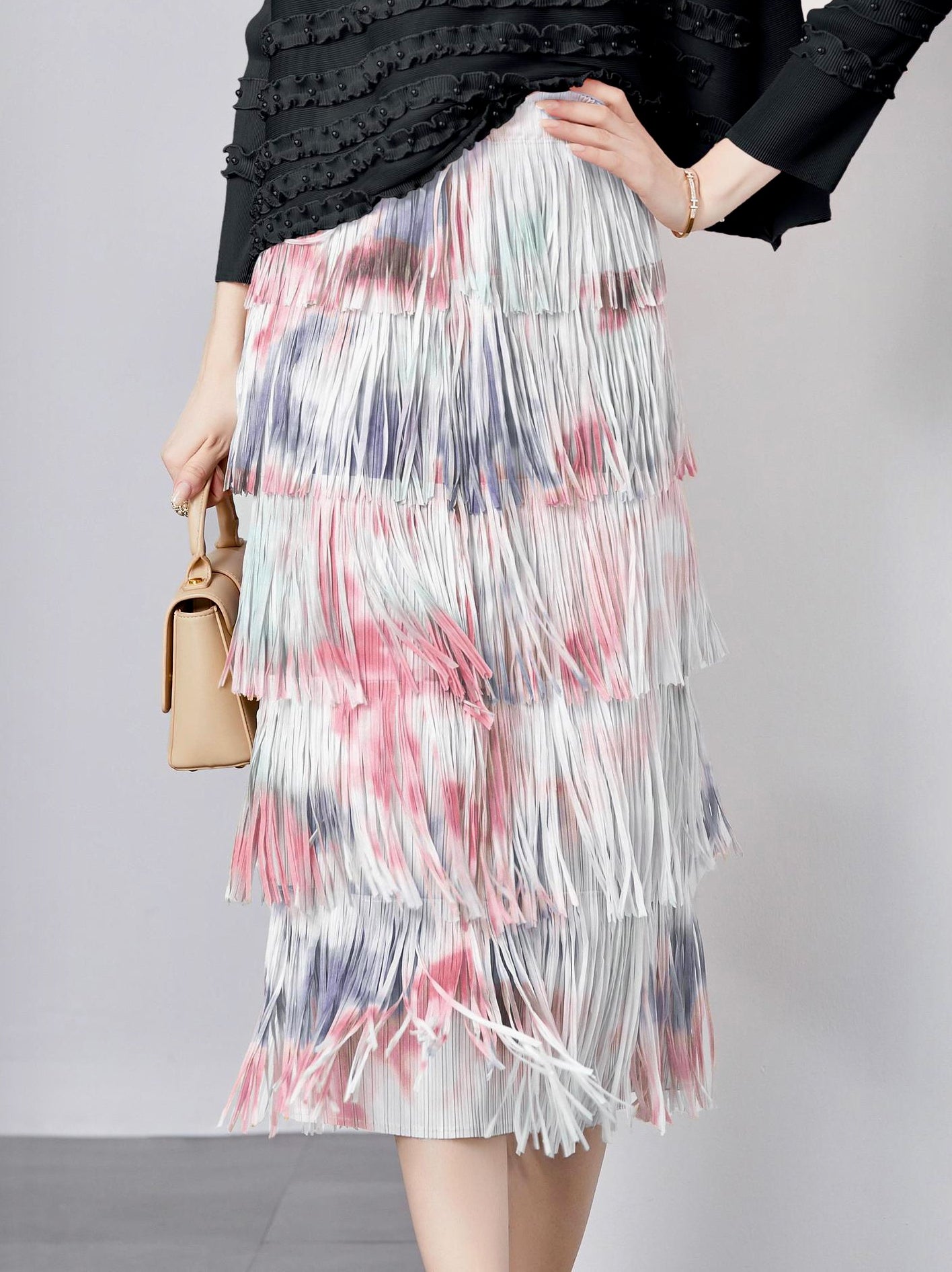 Blush Cascade Fringe Skirt With Tie And Dye Printing - 792614816517_PIN