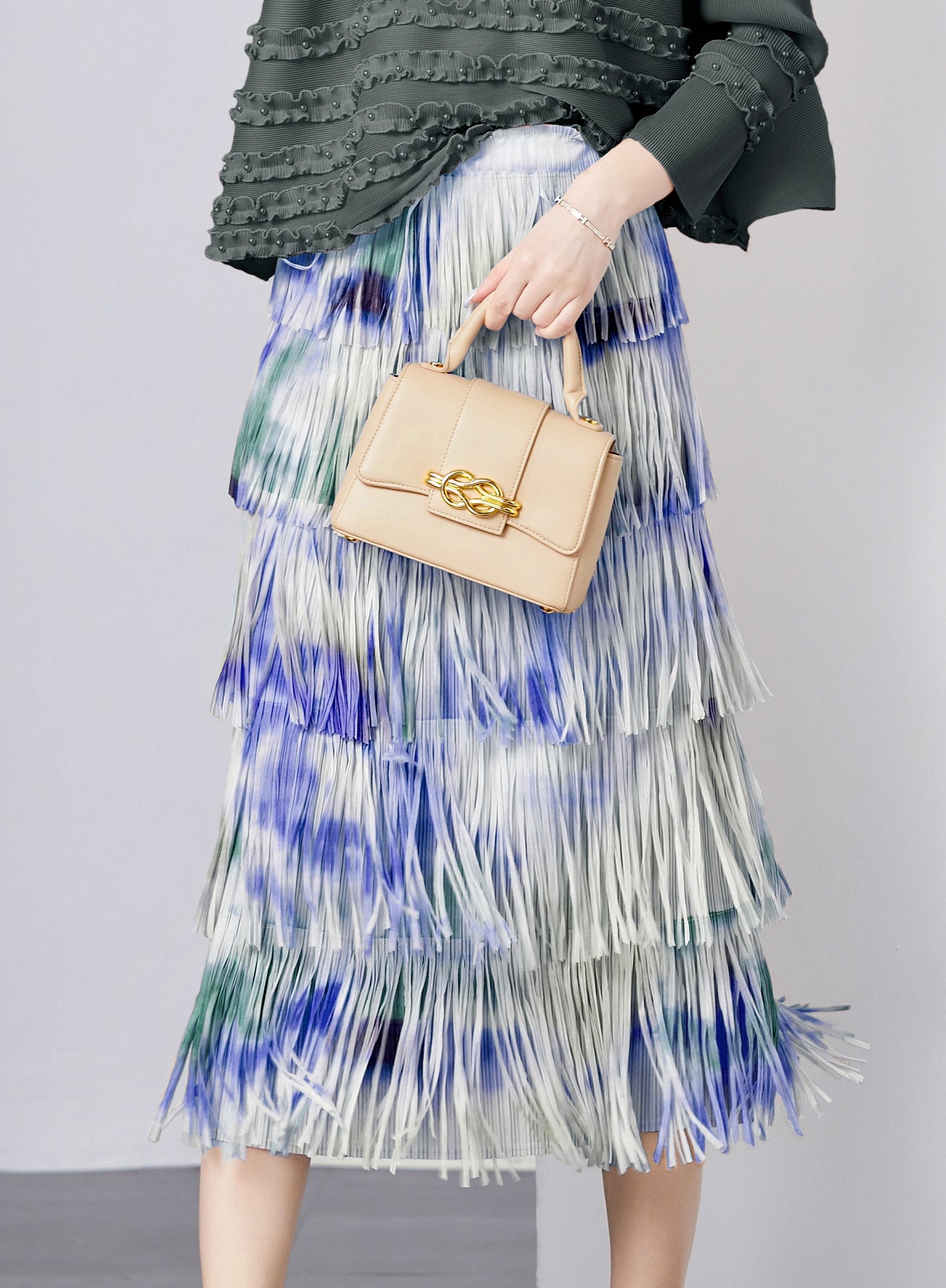 Tidal Waves Fringe Skirt With Tie And Dye Printing - 792614816517_BLU