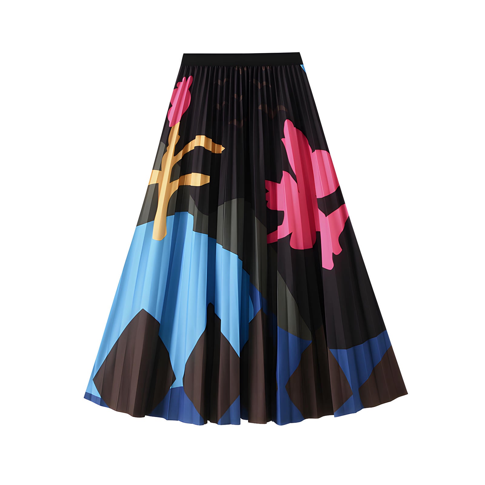 Floral Contrast Printed Pleated A Line Black Skirt - 2125_CLR