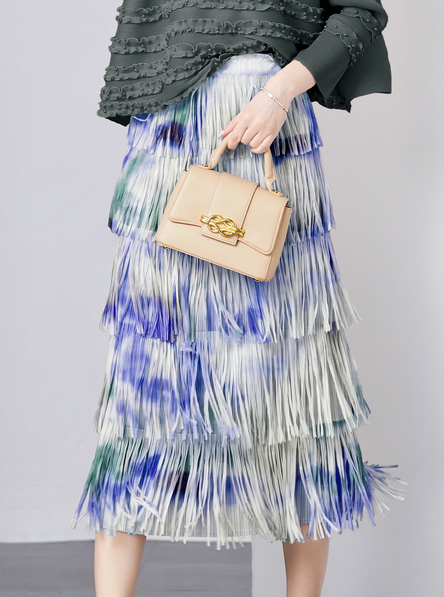 Tidal Waves Fringe Skirt With Tie And Dye Printing - 792614816517_BLU
