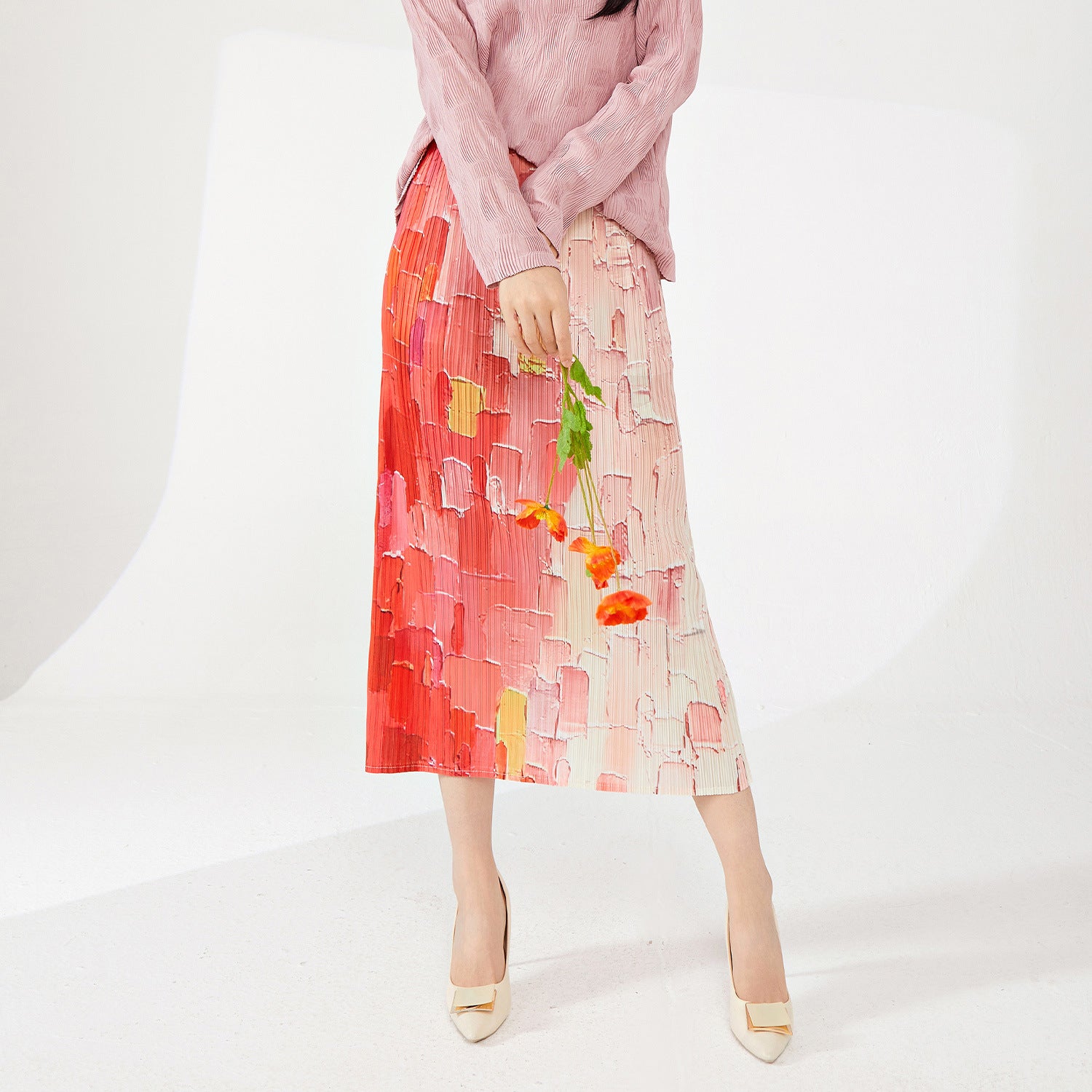 Miyaki Fold Self-Texture Back Slit Gradient Skirt - 0835_RED