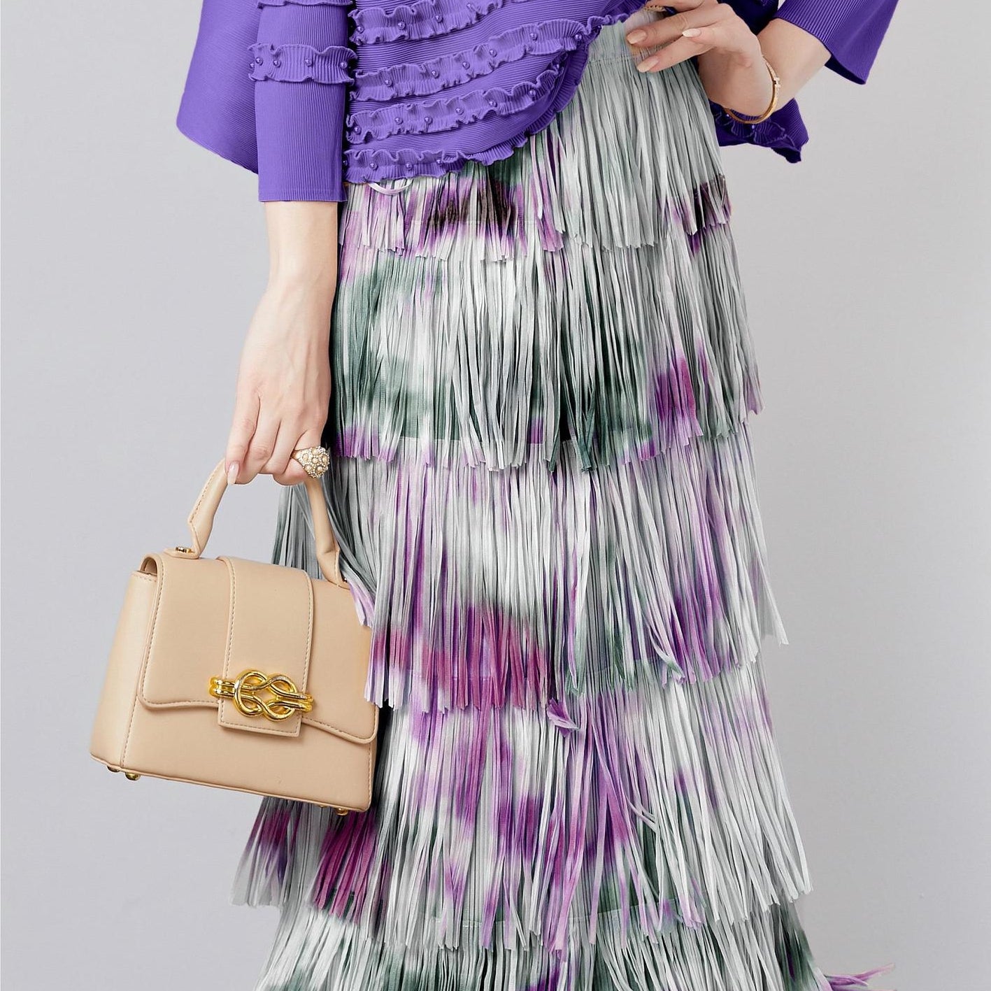 Lavender Mist Fringe Skirt With Tie And Dye Printing - 792614816517_PUR