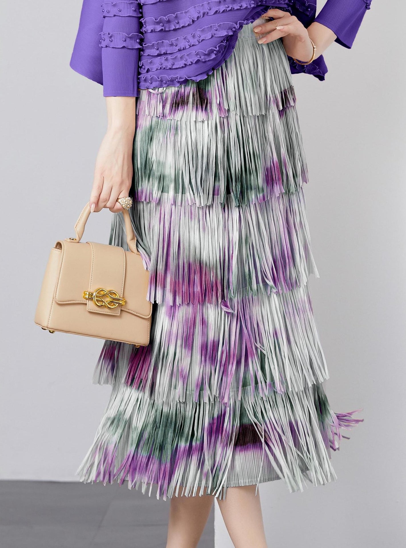 Lavender Mist Fringe Skirt With Tie And Dye Printing - 792614816517_PUR