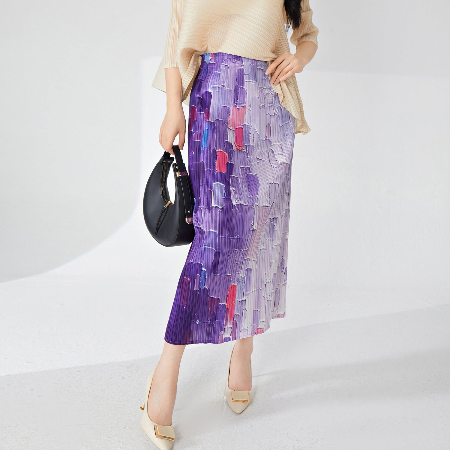 Miyaki Fold Self-Texture Back Slit Gradient Skirt - 0835_PURPLE