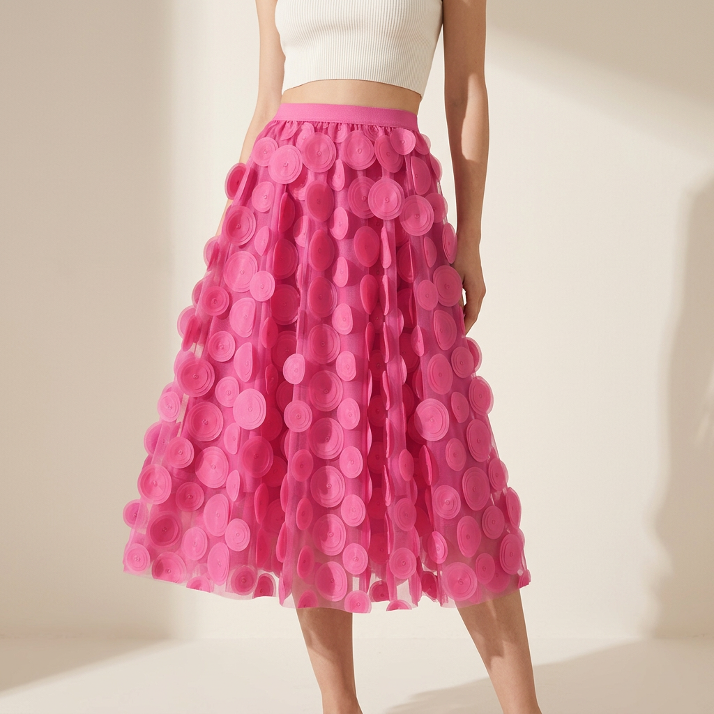 Polka Dot Hepburn Style Umbrella Mesh Skirt - 0931_ROSE RED