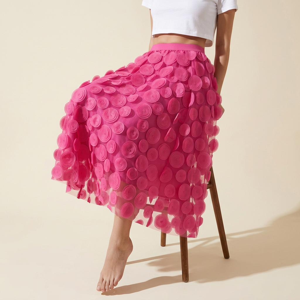 Polka Dot Hepburn Style Umbrella Mesh Skirt - 0931_ROSE RED
