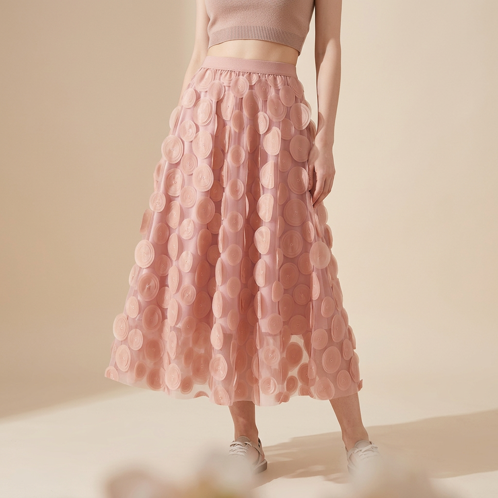 Polka Dot Hepburn Style Umbrella Mesh Skirt - 0931_PINK