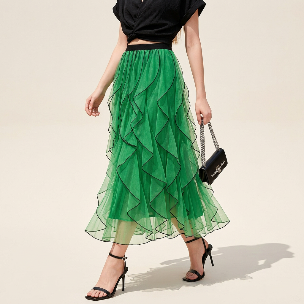 Ruffled Wavy Mesh A-Line Skirt - 0961_GREEN