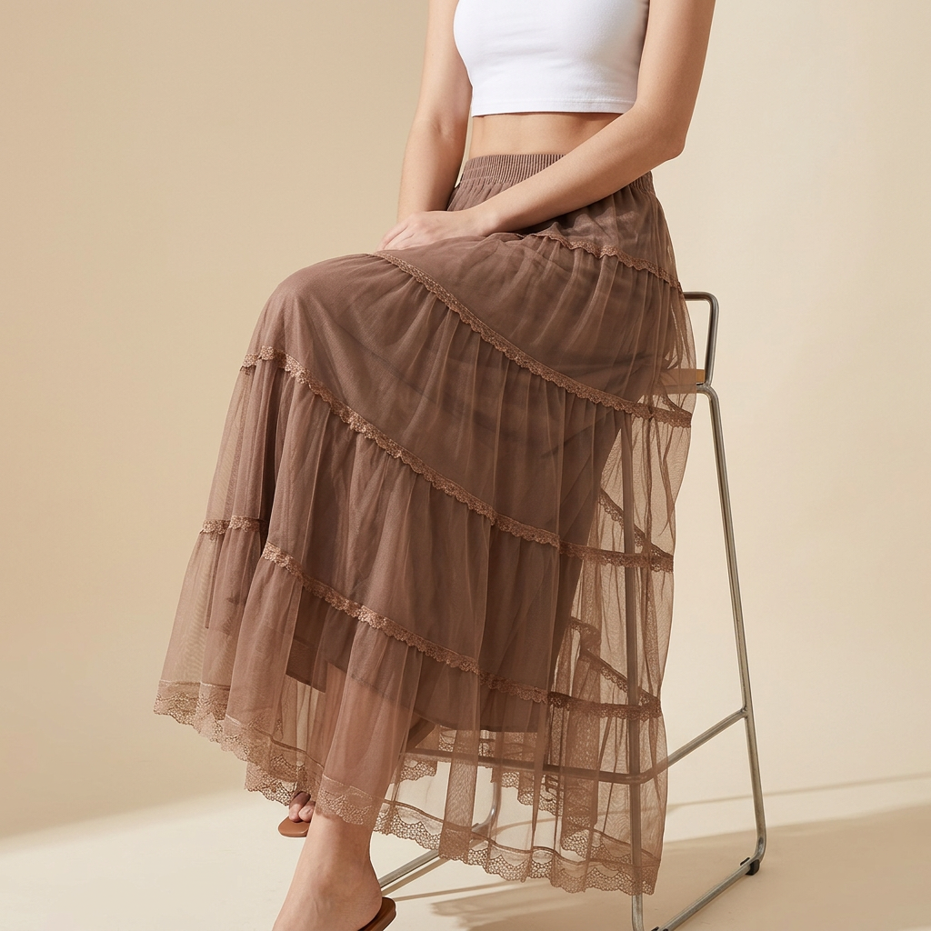 Multi Layer Mesh And Lace Skirt with Satin Lining - 2113_KHA