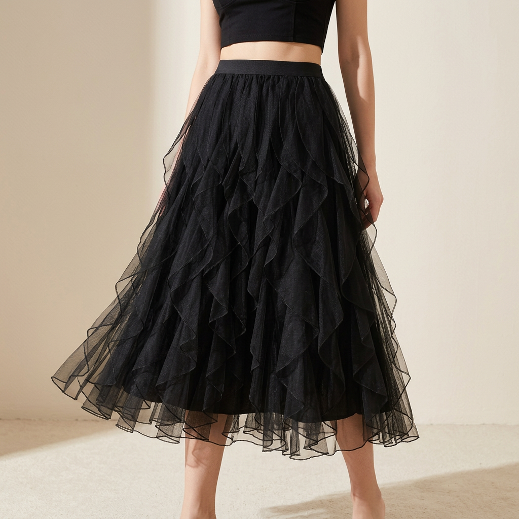 Ruffled Wavy Mesh A-Line Skirt - 0961_BLACK