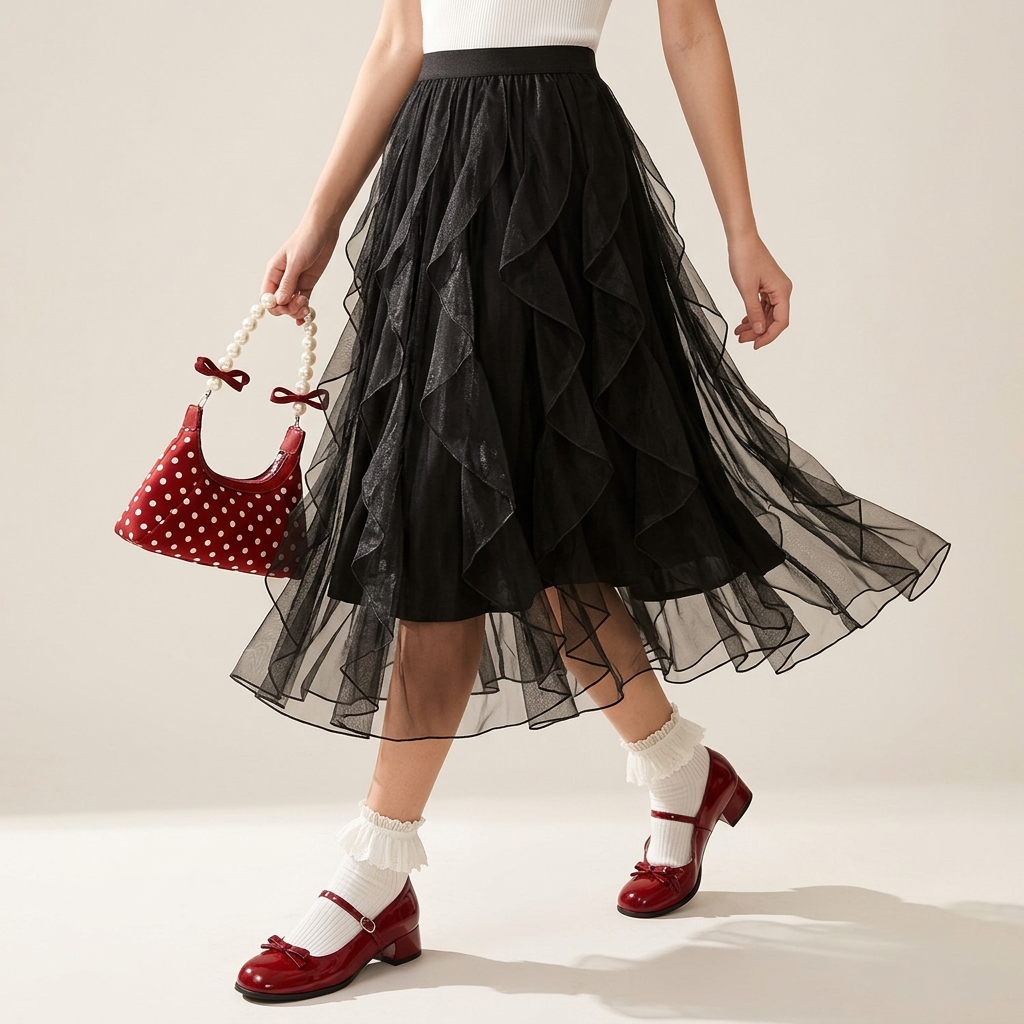 Ruffled Wavy Mesh A-Line Skirt - 0961_BLACK