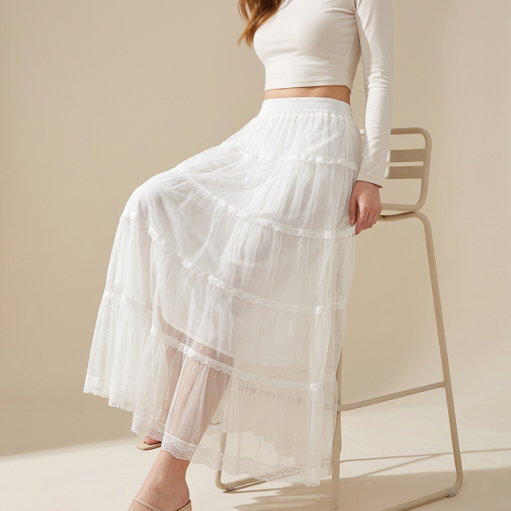 Multi Layer Mesh And Lace Skirt with Satin Lining - 2113_WHI