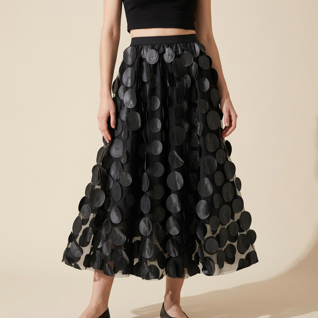 Polka Dot Hepburn Style Umbrella Mesh Skirt - 0931_BLACK