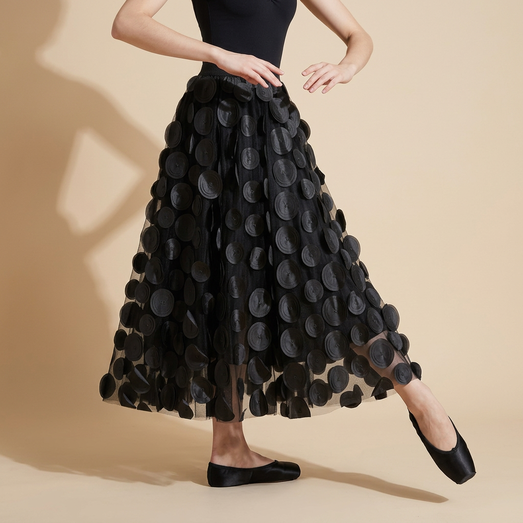 Polka Dot Hepburn Style Umbrella Mesh Skirt - 0931_BLACK