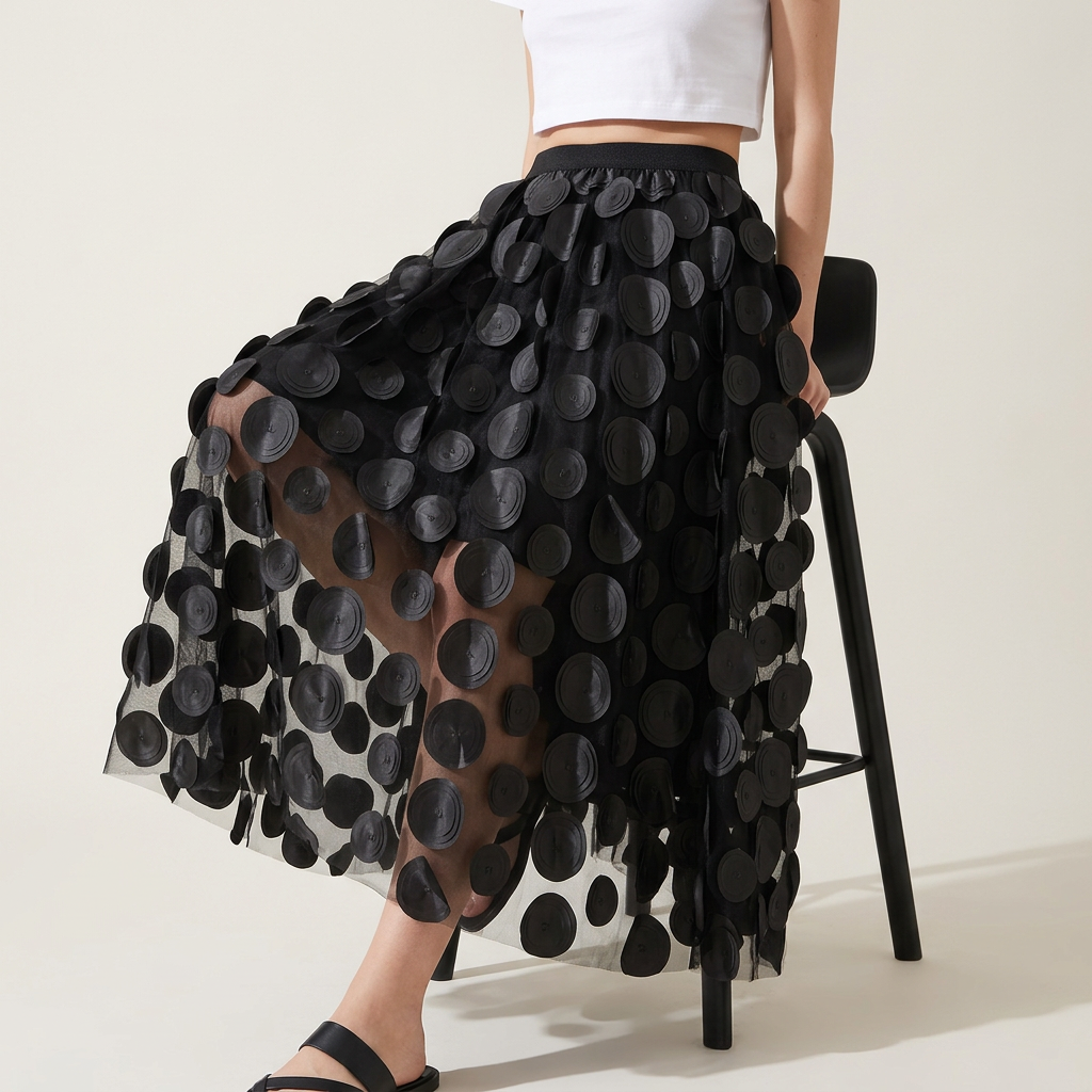 Polka Dot Hepburn Style Umbrella Mesh Skirt - 0931_BLACK