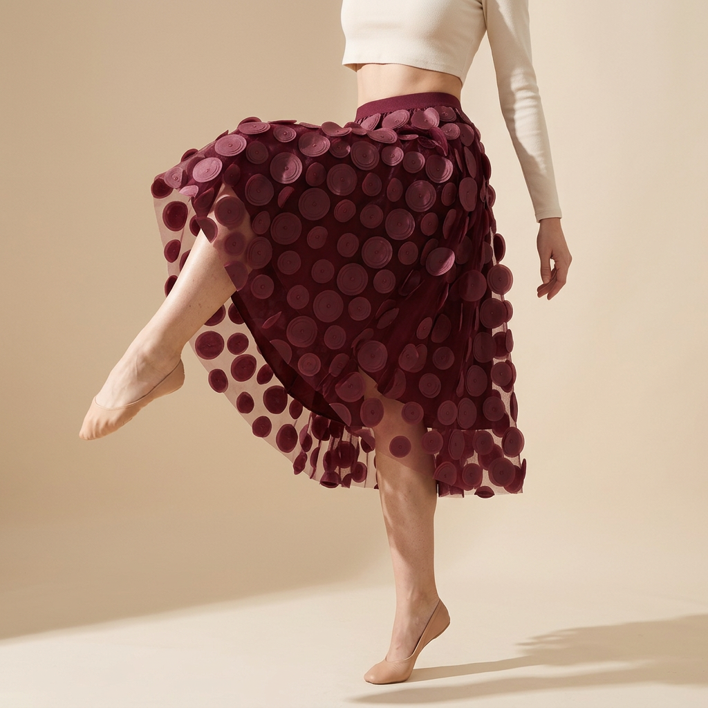 Polka Dot Hepburn Style Umbrella Mesh Skirt - 0931_WINE RED