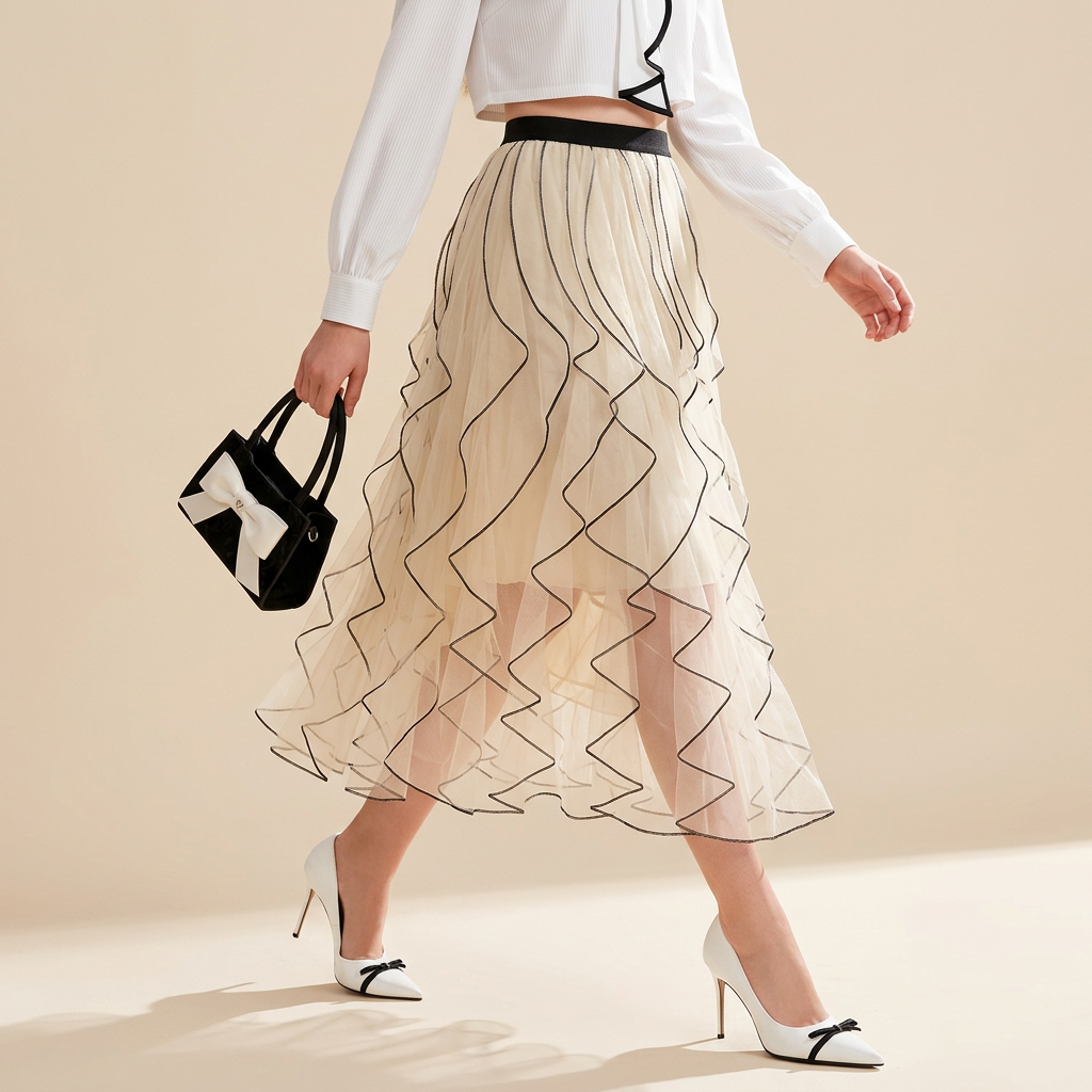 Ruffled Wavy Mesh A-Line Skirt - 0961_APRICOT