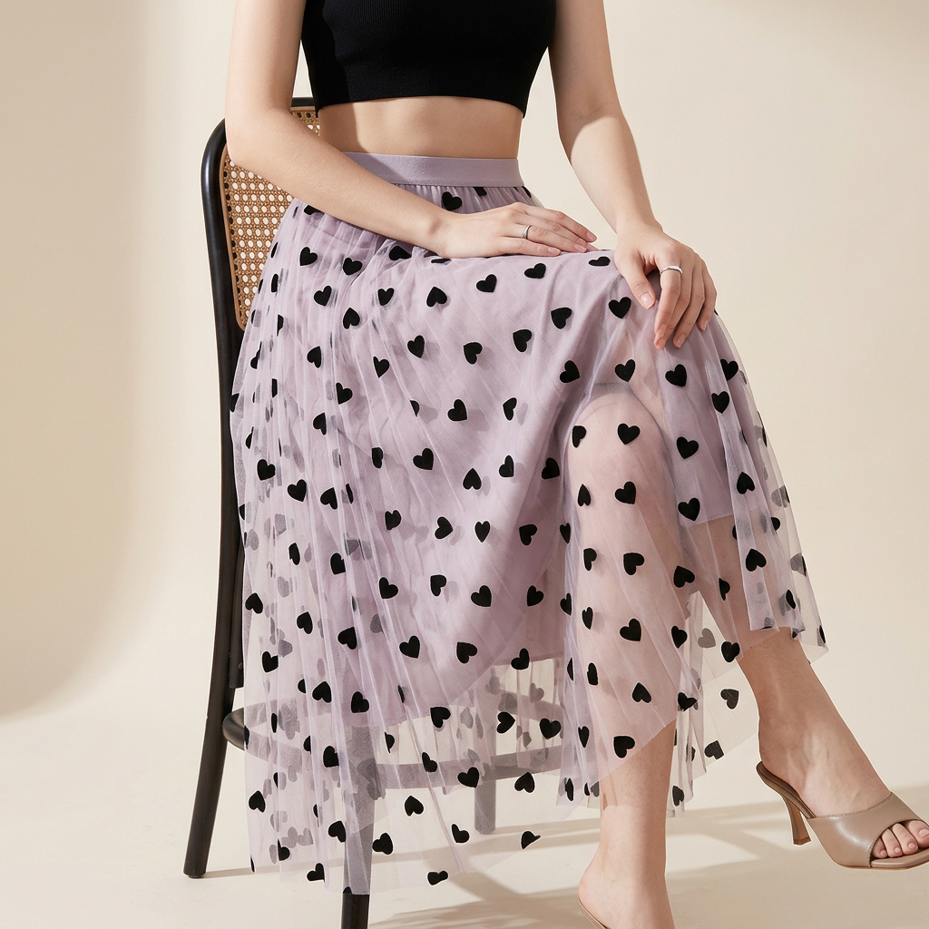 Multilayer Mesh Heart Skirt With Satin Lining - 1200_PINK
