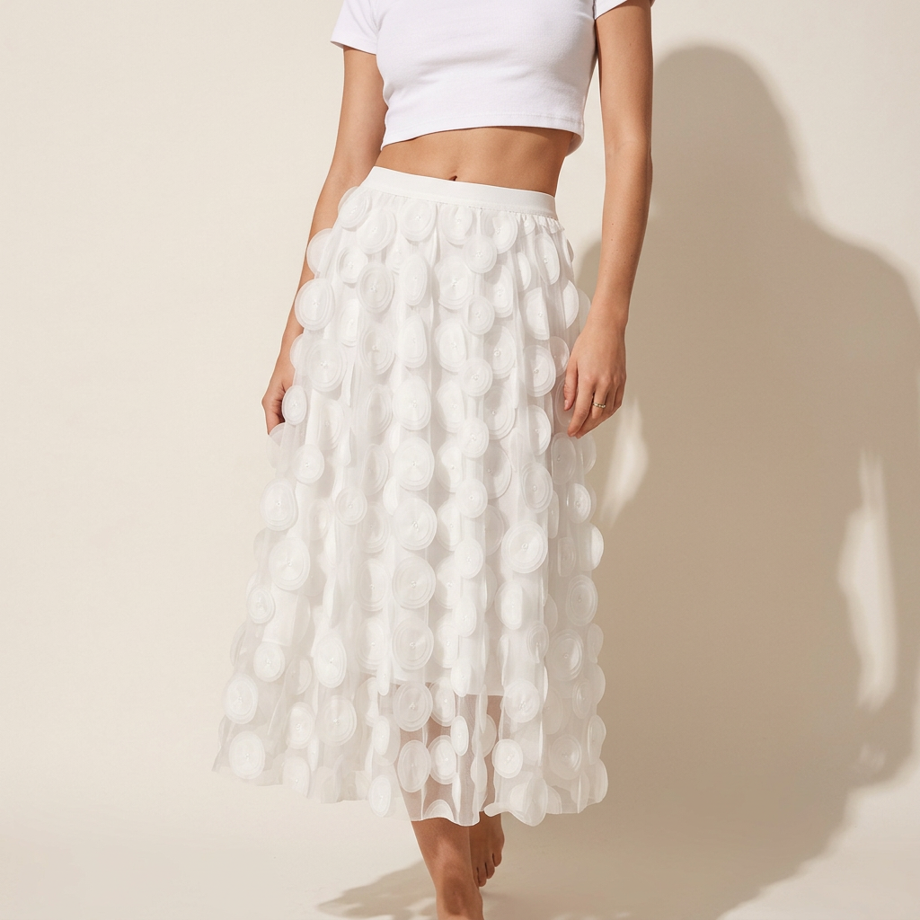 Polka Dot Hepburn Style Umbrella Mesh Skirt - 0931_WHITE