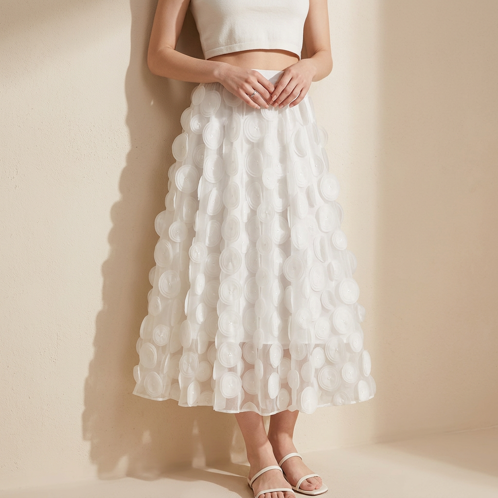 Polka Dot Hepburn Style Umbrella Mesh Skirt - 0931_WHITE