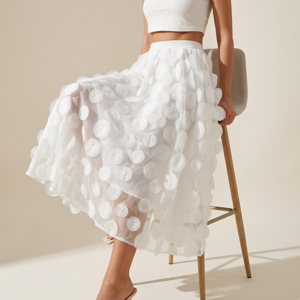 Polka Dot Hepburn Style Umbrella Mesh Skirt - 0931_WHITE