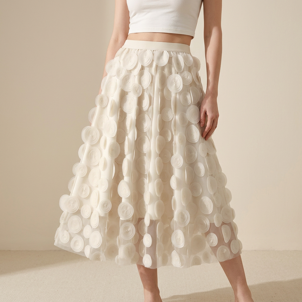 Polka Dot Hepburn Style Umbrella Mesh Skirt - 0931_APRICOT