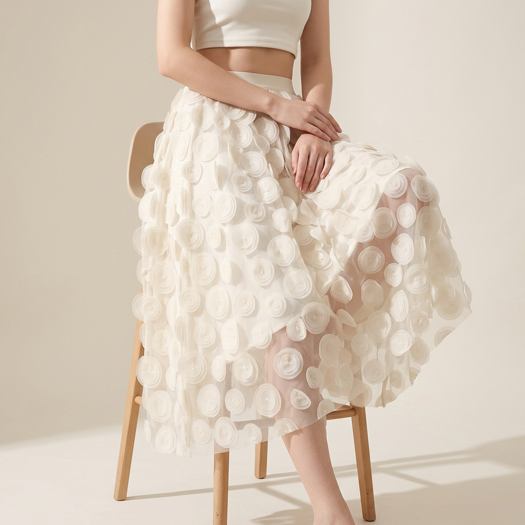 Polka Dot Hepburn Style Umbrella Mesh Skirt - 0931_APRICOT