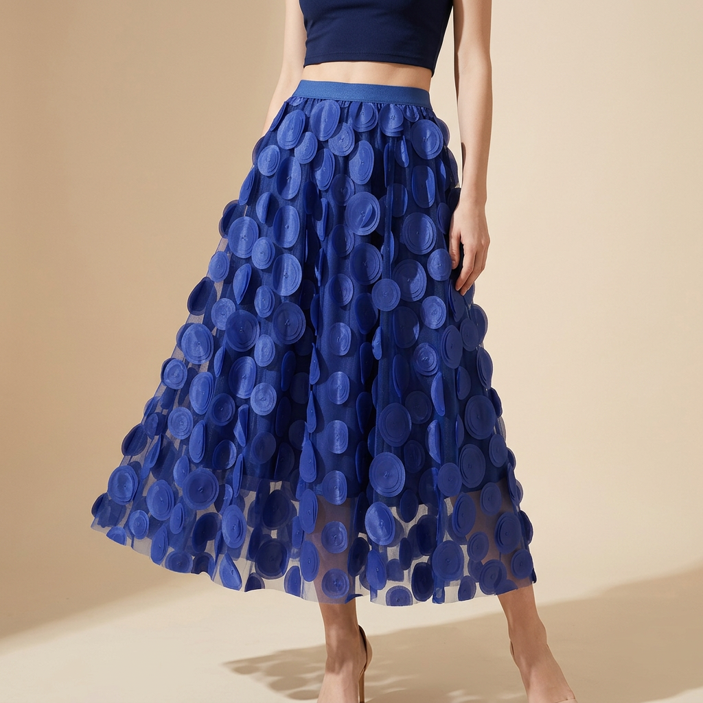 Polka Dot Hepburn Style Umbrella Mesh Skirt - 0931_SAPPHIRE