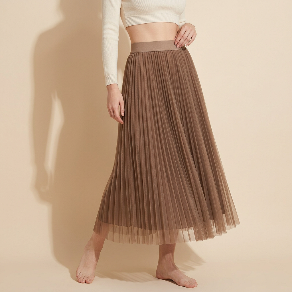 Sheer Layered Flare Skirt - KHAKI