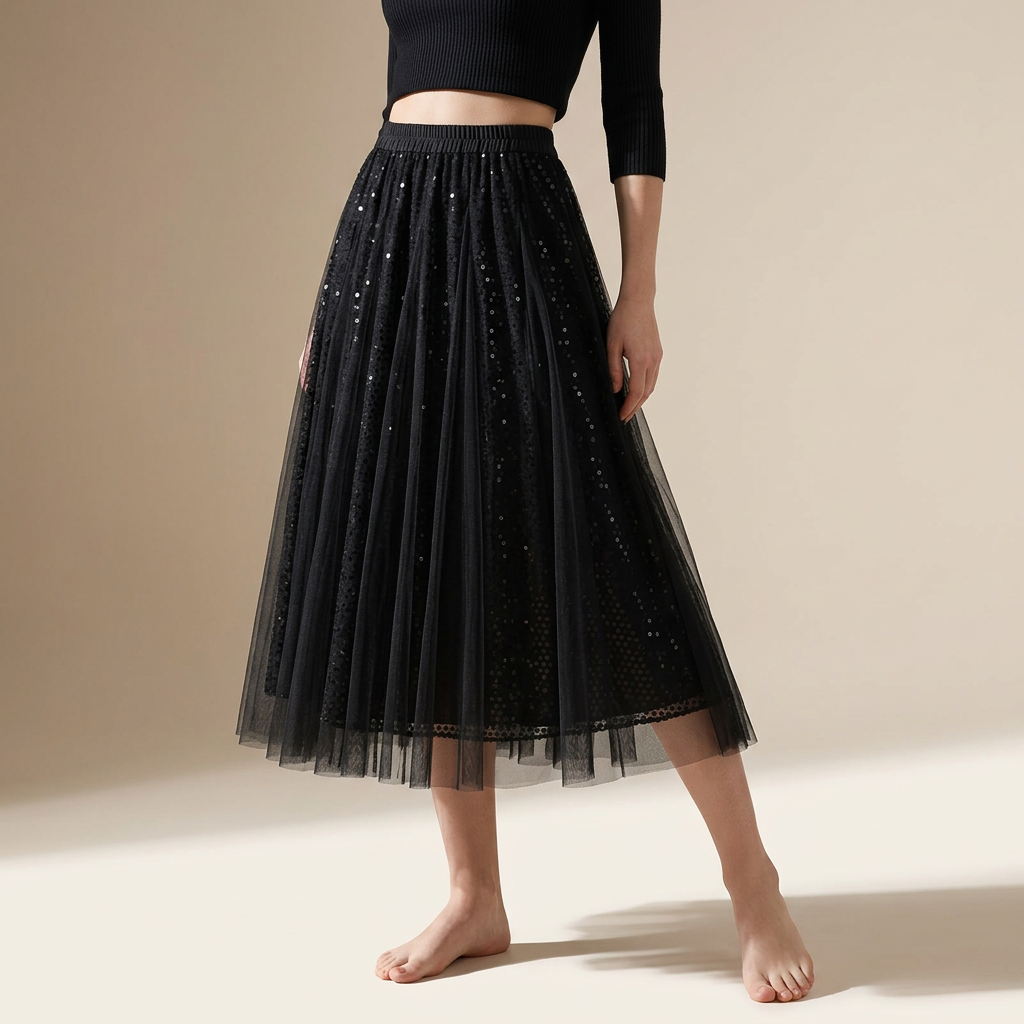 Multilayer Mesh and Sequinned A-Line Skirt with Satin Lining - K503_BLACK