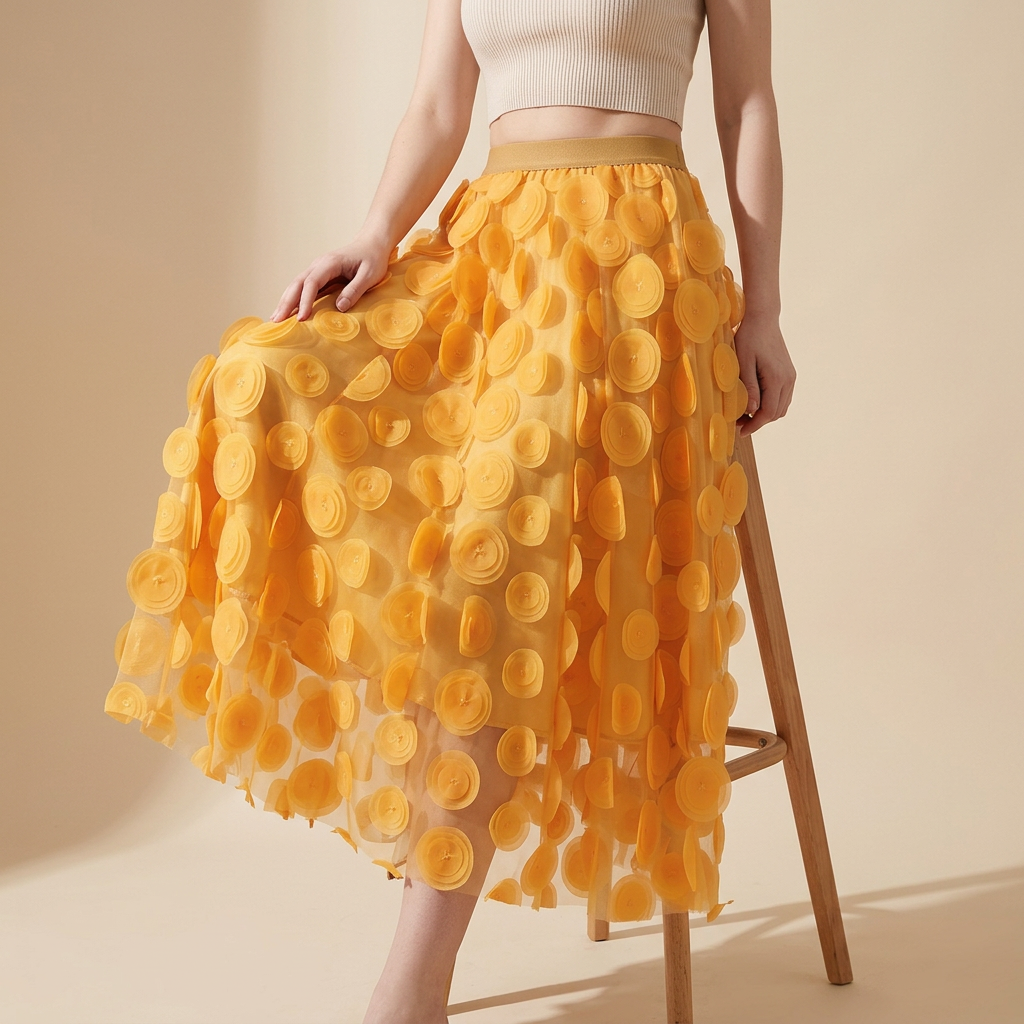 Polka Dot Hepburn Style Umbrella Mesh Skirt - 0931_YELLOW