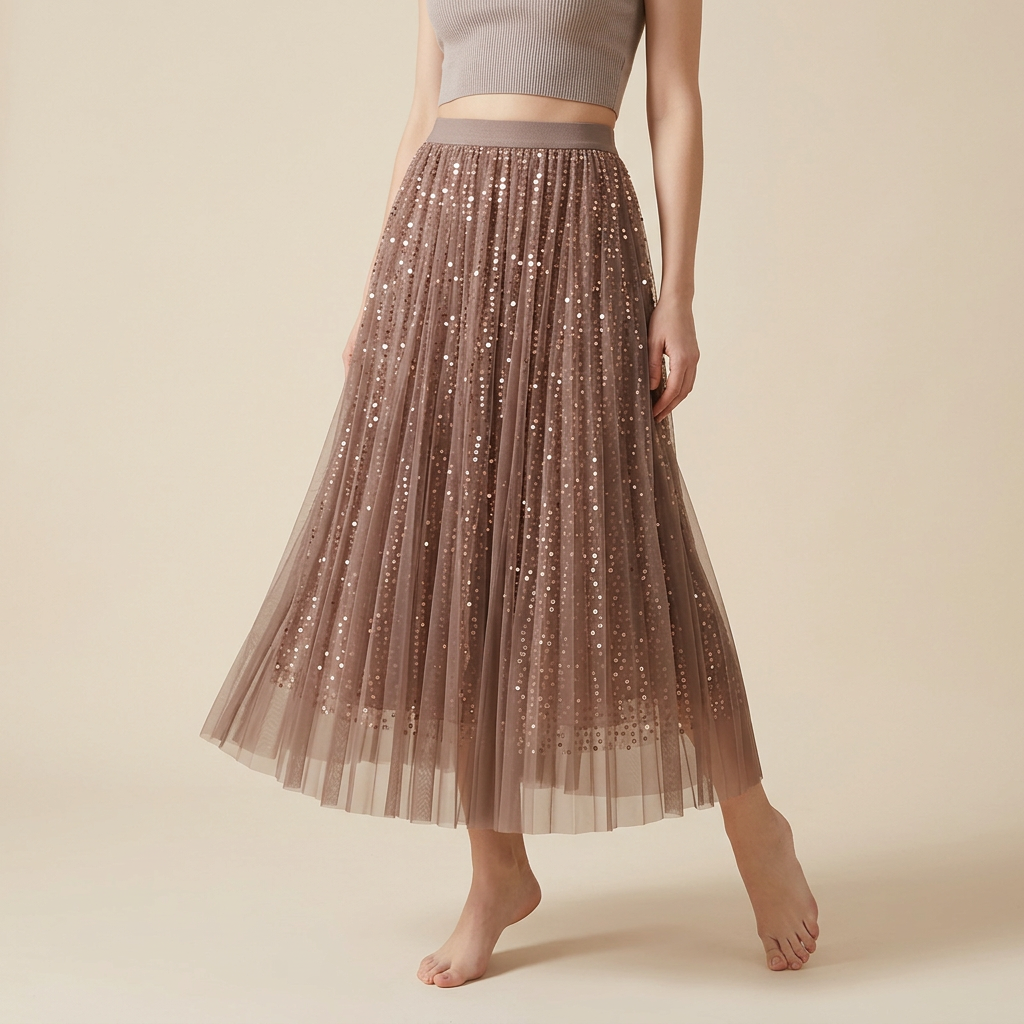 Multilayer Mesh and Sequinned A-Line Skirt with Satin Lining - K503_KHAKI