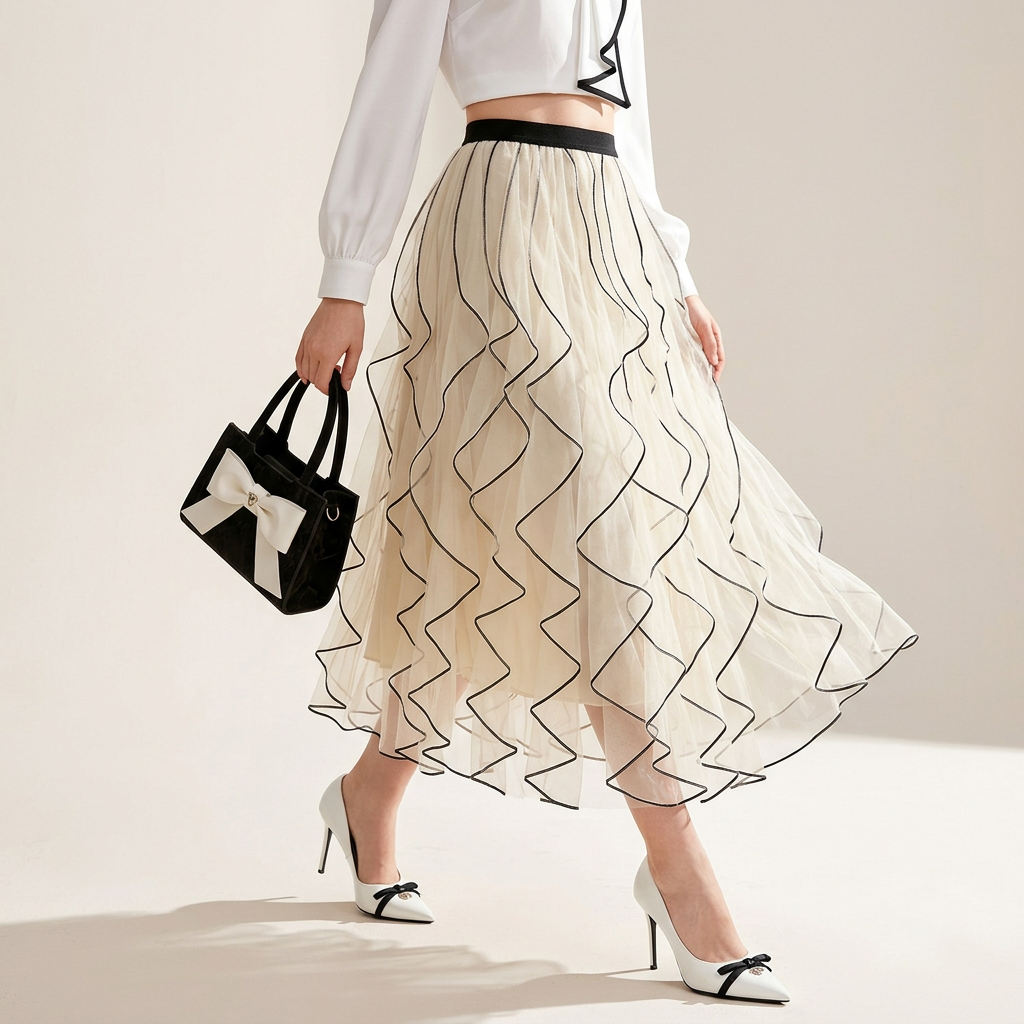 Ruffled Wavy Mesh A-Line Skirt - 0961_APRICOT