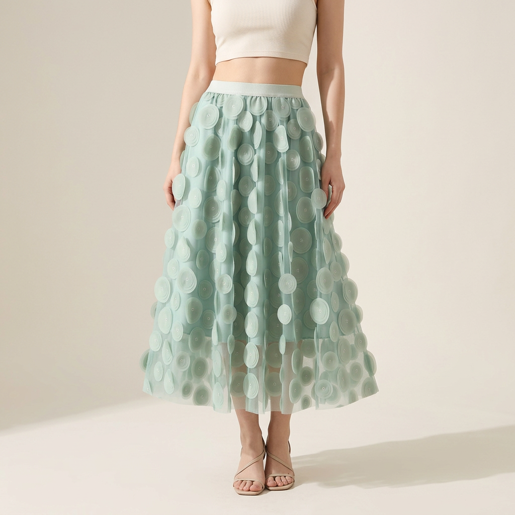 Polka Dot Hepburn Style Umbrella Mesh Skirt - 0931_LIGHT GREEN