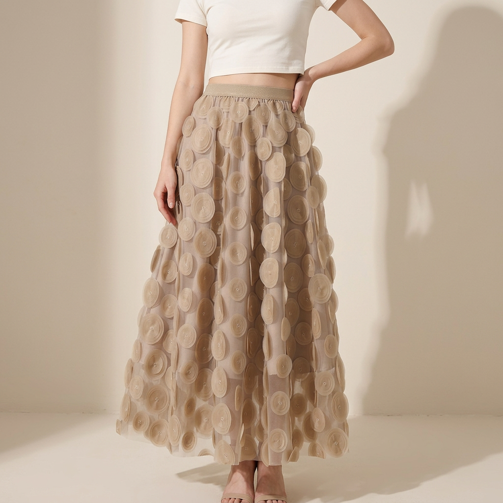 Polka Dot Hepburn Style Umbrella Mesh Skirt - 0931_KHAKI